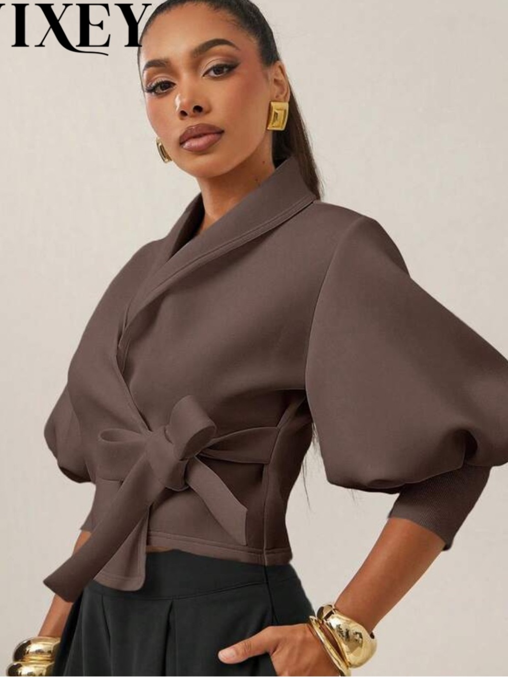 Vix Chocolate Brown Wrap Tie Puff-Sleeve Blouse